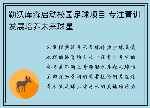 勒沃库森启动校园足球项目 专注青训发展培养未来球星