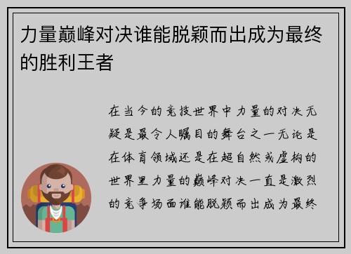 力量巅峰对决谁能脱颖而出成为最终的胜利王者