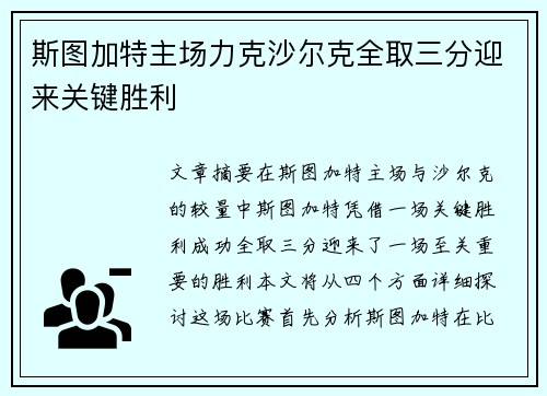 斯图加特主场力克沙尔克全取三分迎来关键胜利