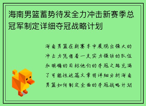 海南男篮蓄势待发全力冲击新赛季总冠军制定详细夺冠战略计划