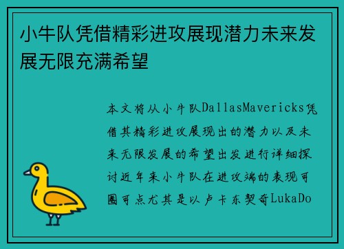 小牛队凭借精彩进攻展现潜力未来发展无限充满希望