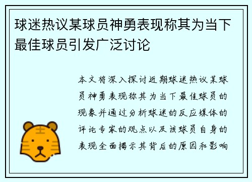 球迷热议某球员神勇表现称其为当下最佳球员引发广泛讨论