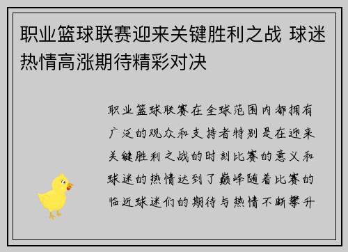 职业篮球联赛迎来关键胜利之战 球迷热情高涨期待精彩对决